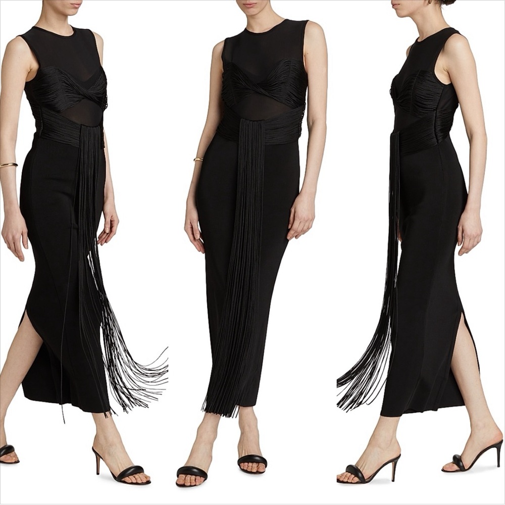 Herve Leger Black nina Sheer fringe Maxi Dress
